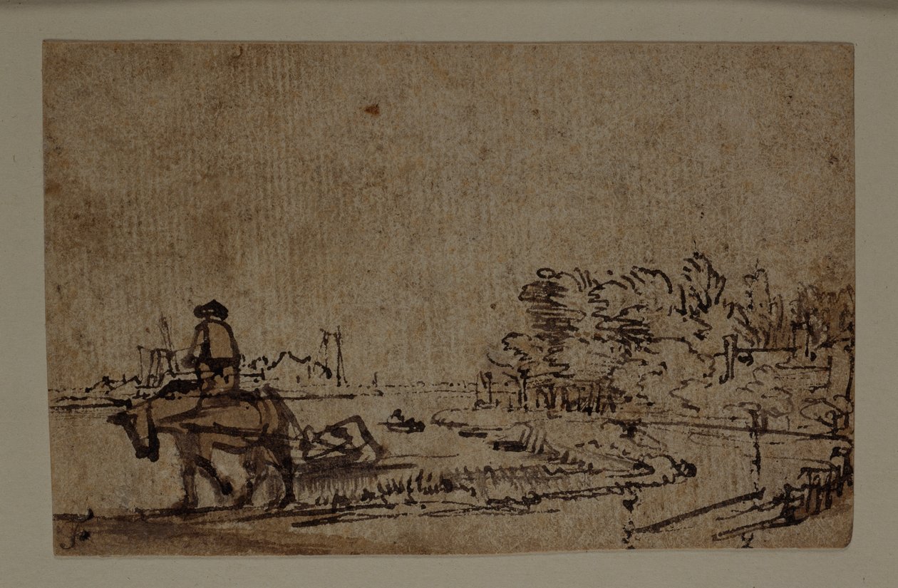 Udsigt på Amstel, med en hest, der trækker en pram, ca. 1650 (pen og blæk med brun vask på papir) af Rembrandt Harmensz. van Rijn