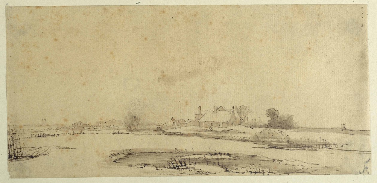 Vand, enge og en bondegård (pen & blæk på papir) af Rembrandt Harmensz. van Rijn