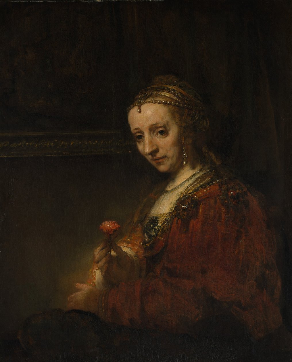 Woman with a Pink, ca. 1660 (olie på lærred) af Rembrandt van Rijn