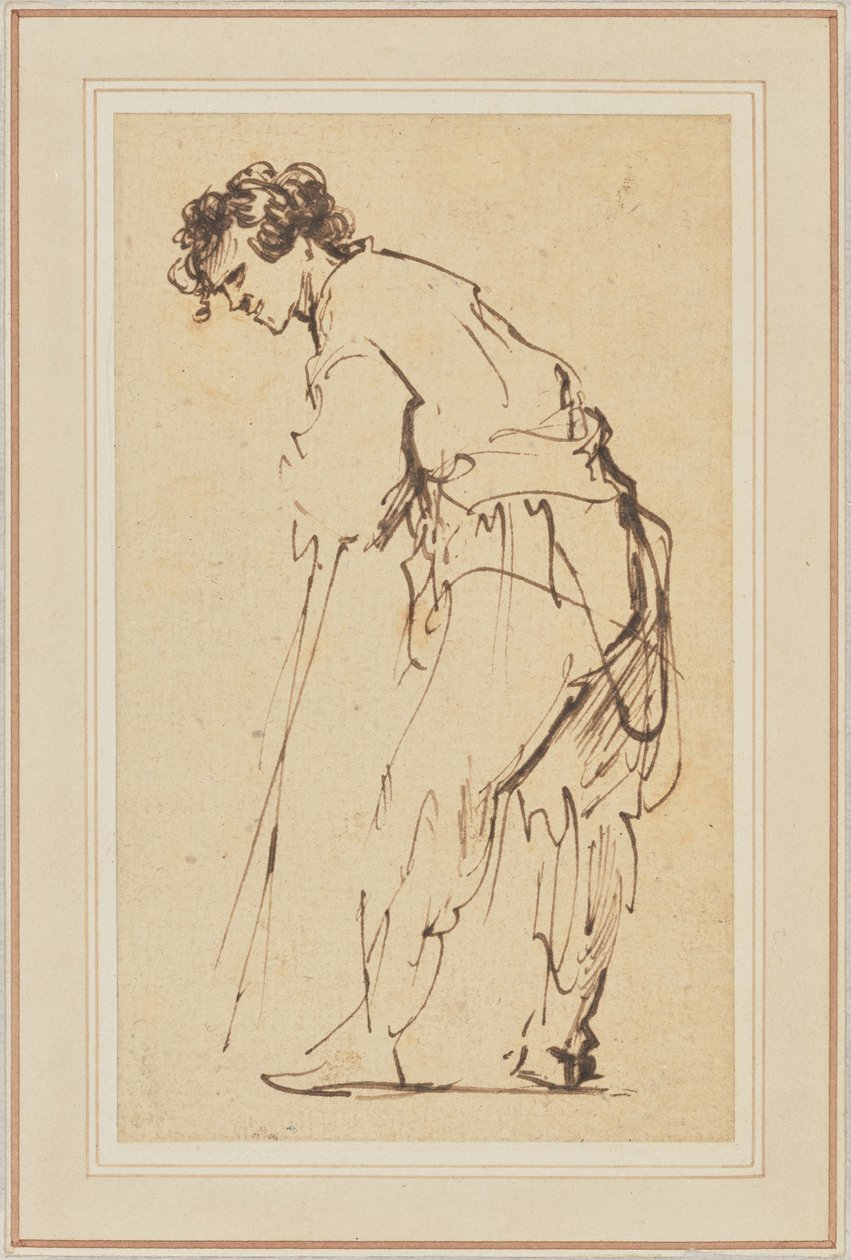 Ung mand læner sig op ad en pind af Rembrandt Harmensz. van Rijn