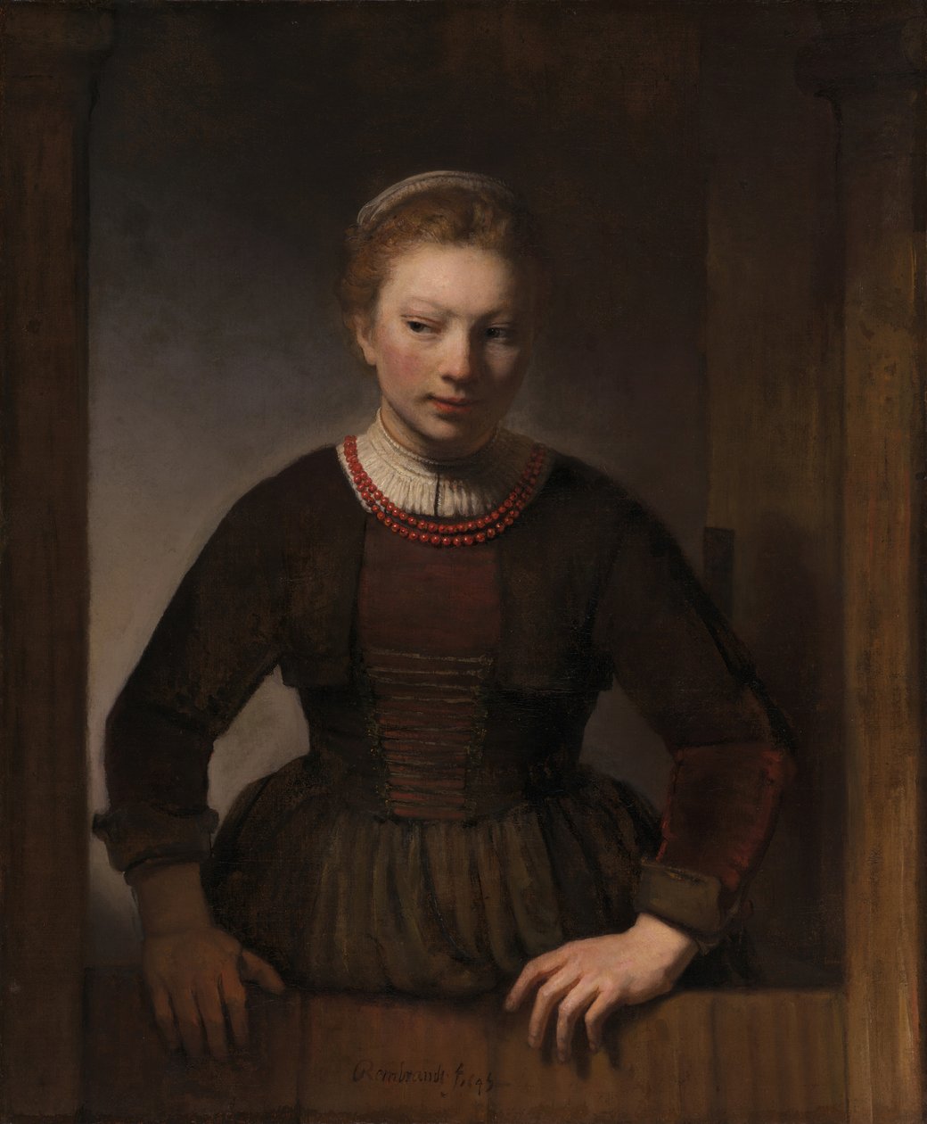 Ung kvinde ved en åben halvdør, 1645 af Rembrandt Harmensz van Rijn