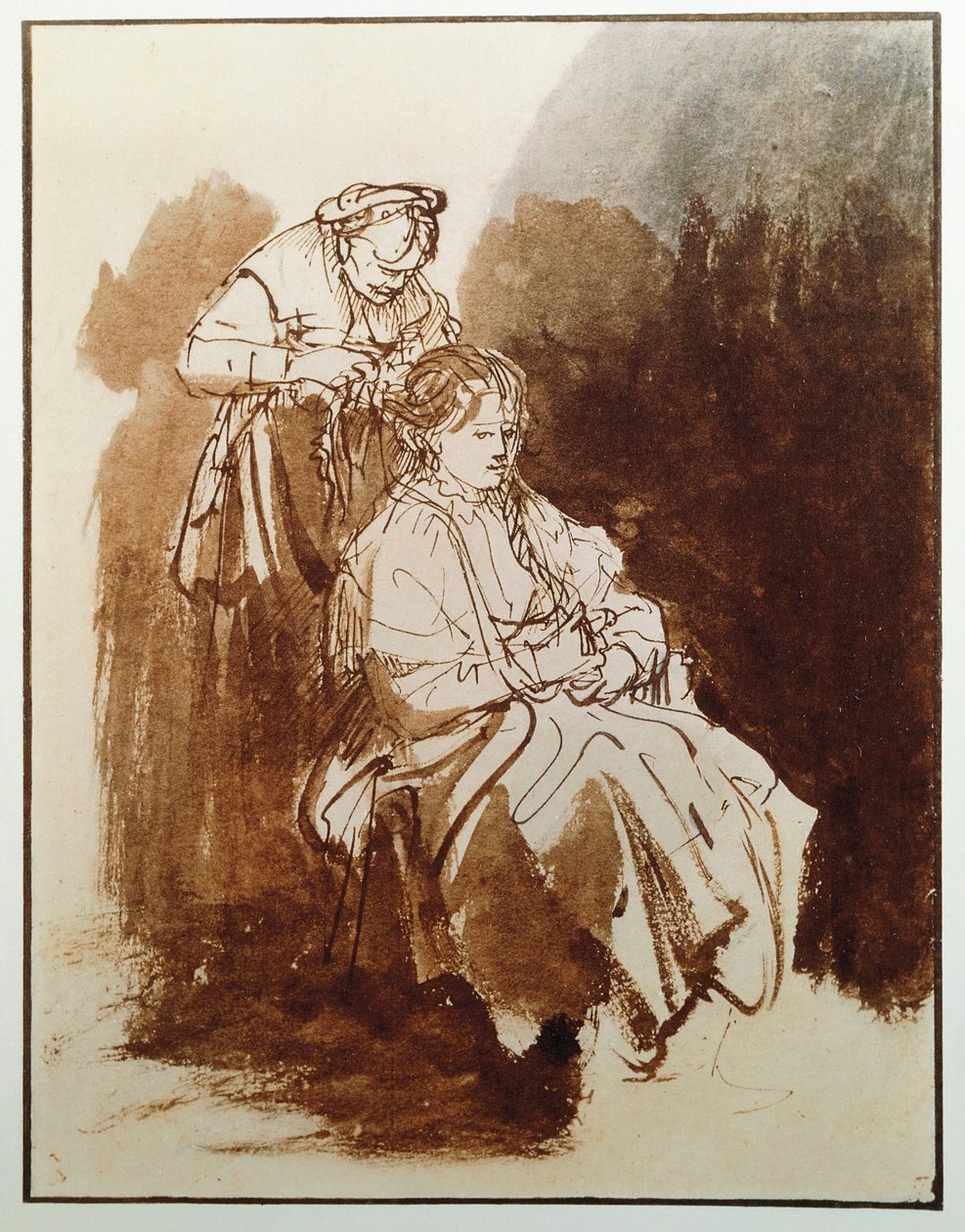 Ung kvinde ved sit toilet. En gammel piges hår. (Blæktegning, ca. 1635) af Rembrandt van Rijn