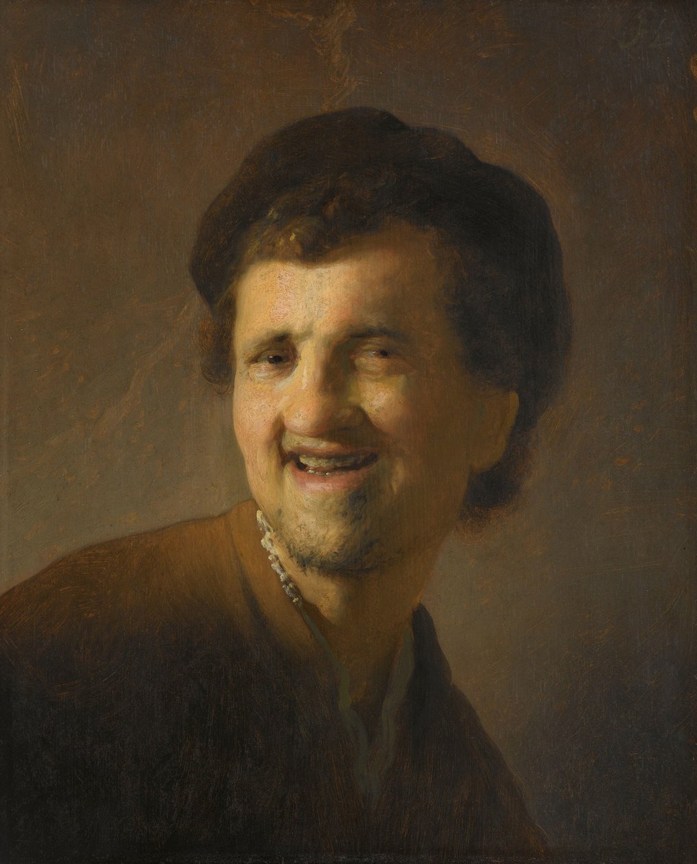 Leende ung mand Buste af en grinende ung mand af Rembrandt van Rijn (circle of)