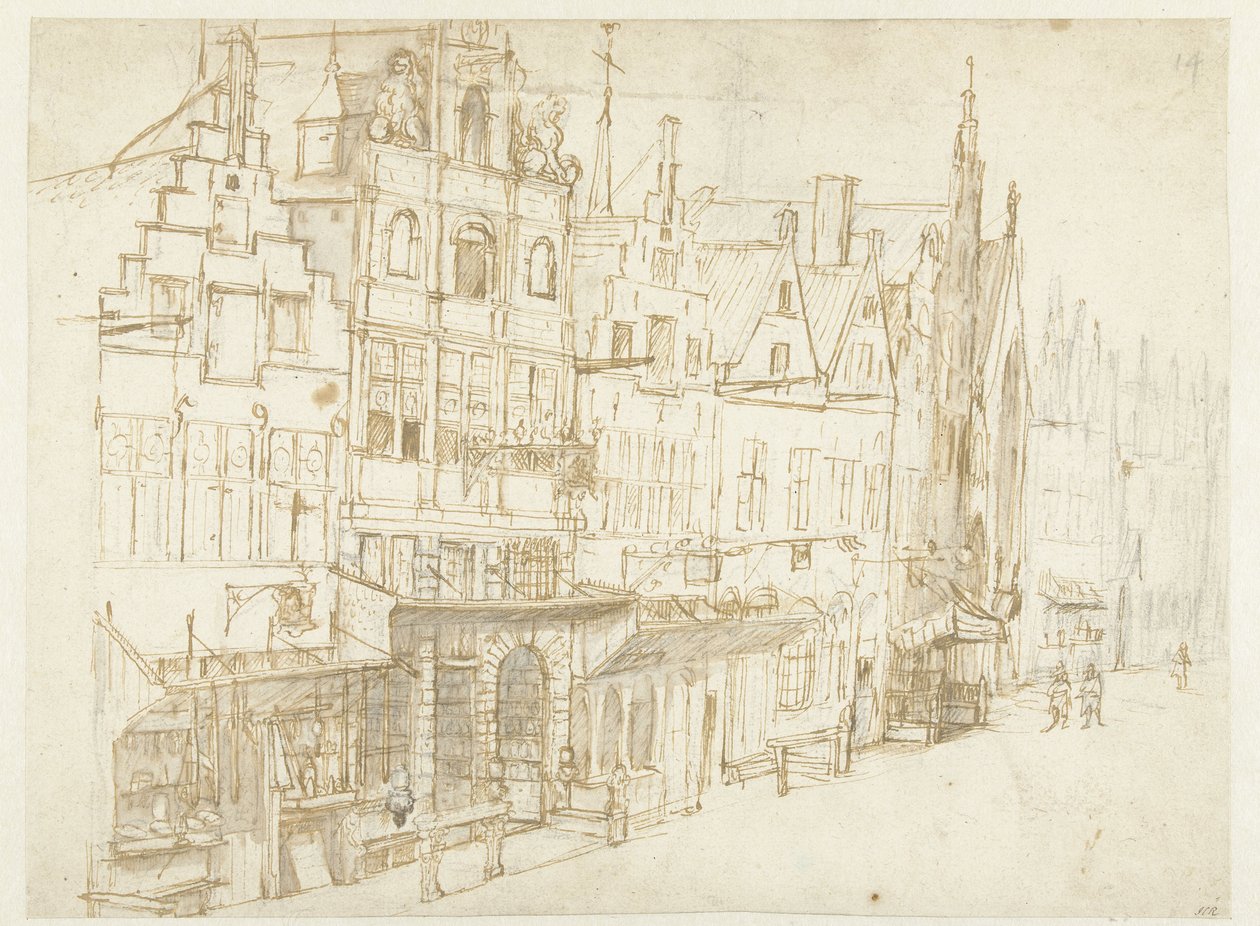 Udsigt over en række huse i en by af Rembrandt van Rijn (school of)