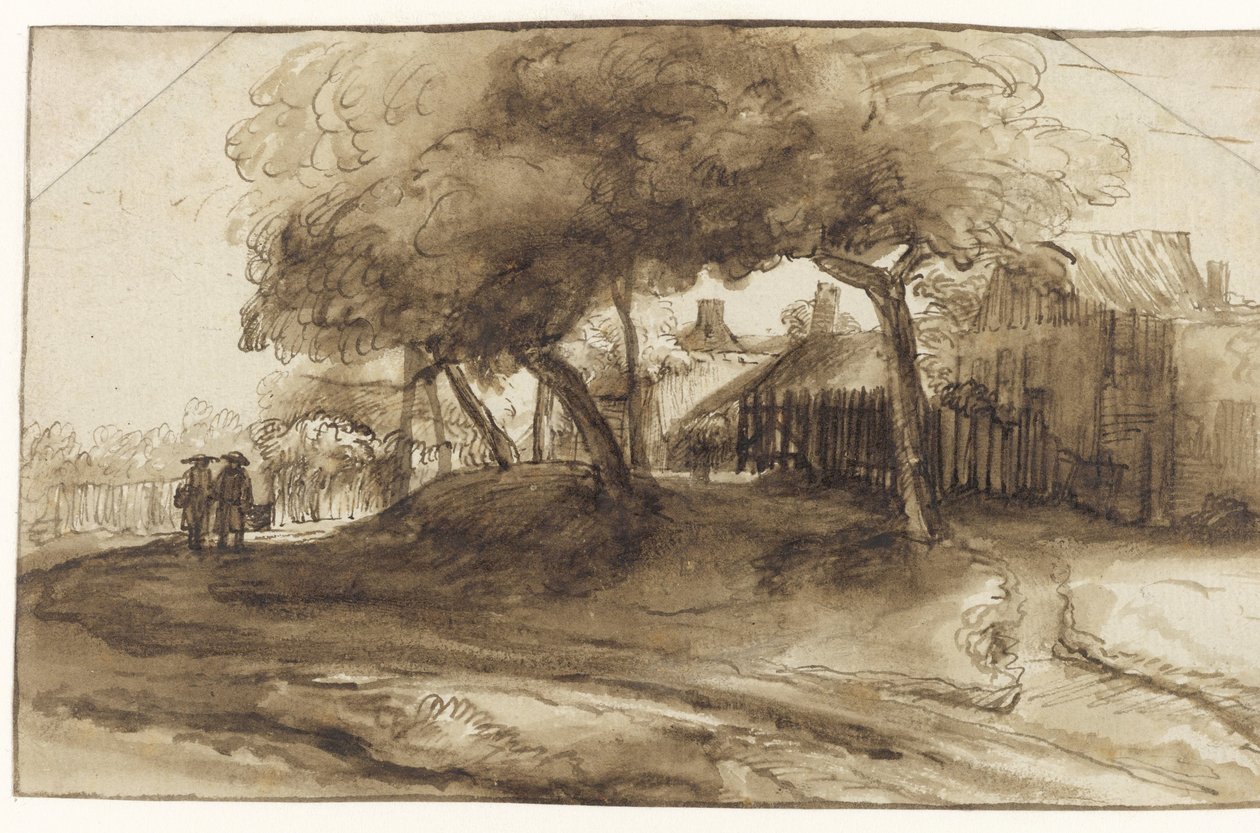 Huse og træer på et dige af Rembrandt van Rijn (school of)