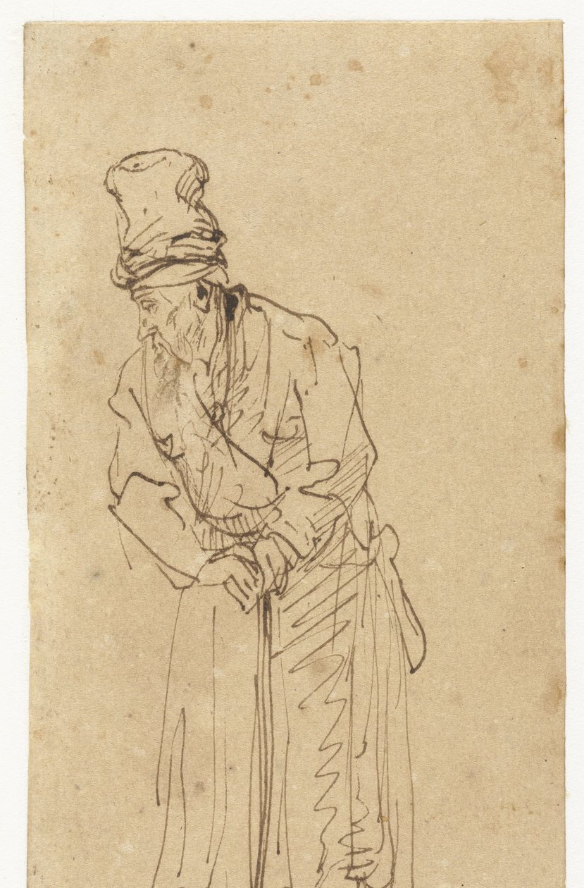 Gammel mand læner sig op ad en pind af Rembrandt van Rijn (school of)