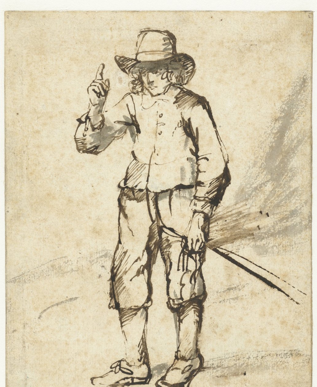 Stående dreng holder en pisk og løfter sin højre hånd af Rembrandt van Rijn (school of)