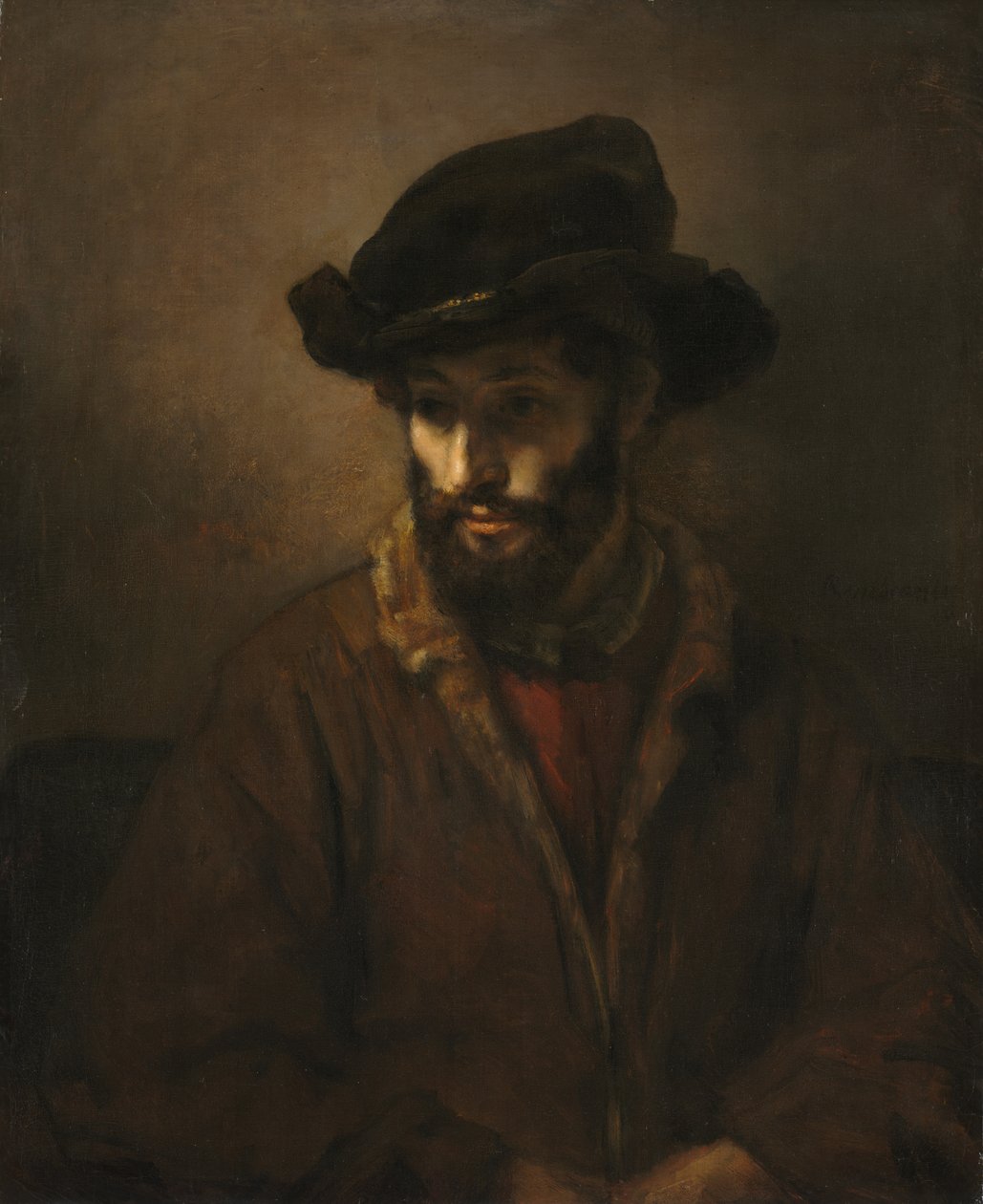 En skægget mand iført hat af Rembrandt van Rijn