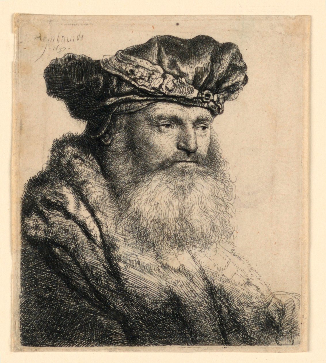 En skægget mand iført en fløjlskasket med en juvellås af Rembrandt van Rijn