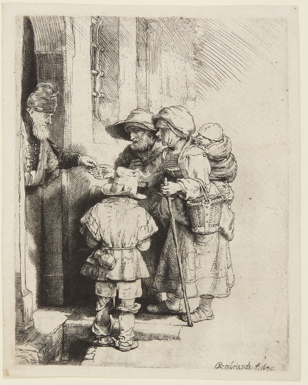 En blind hurdy-gurdy-spiller og hans familie modtager almisser af Rembrandt van Rijn