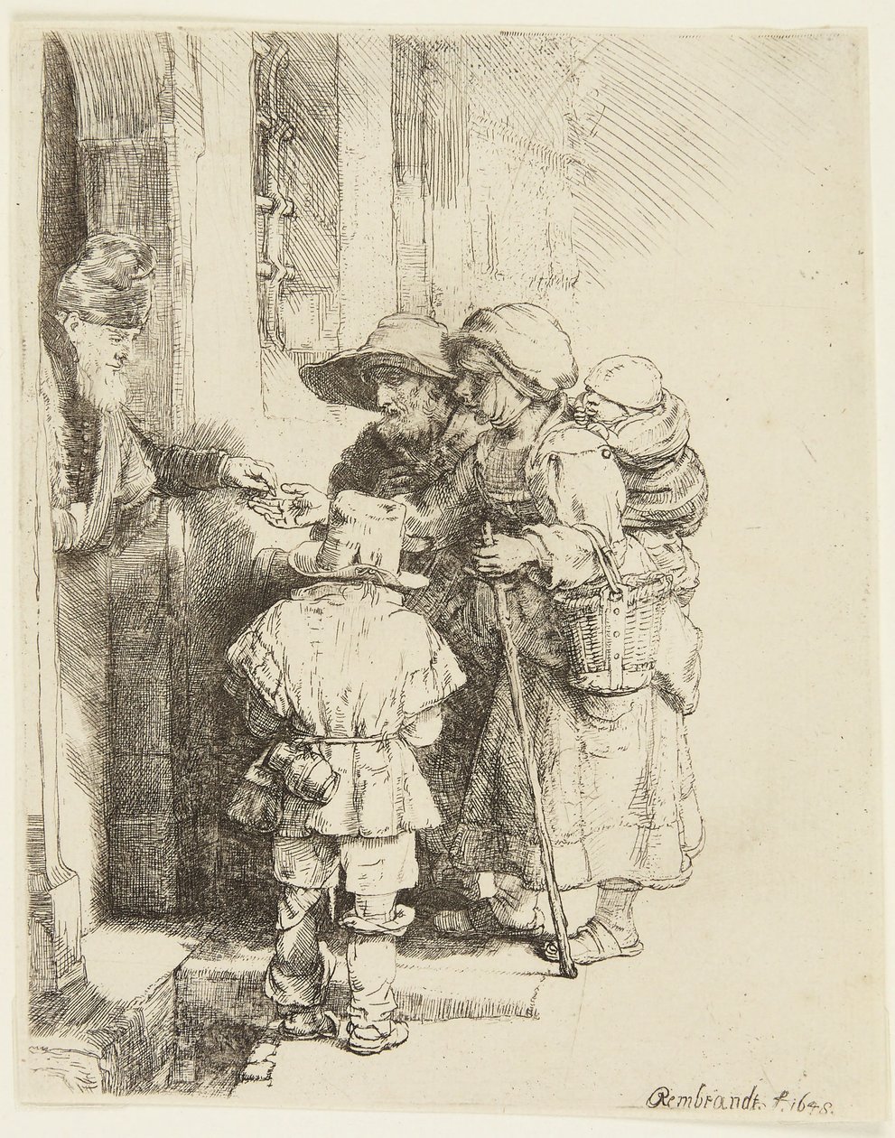 En blind hurdy-gurdy-spiller og hans familie modtager almisser af Rembrandt van Rijn