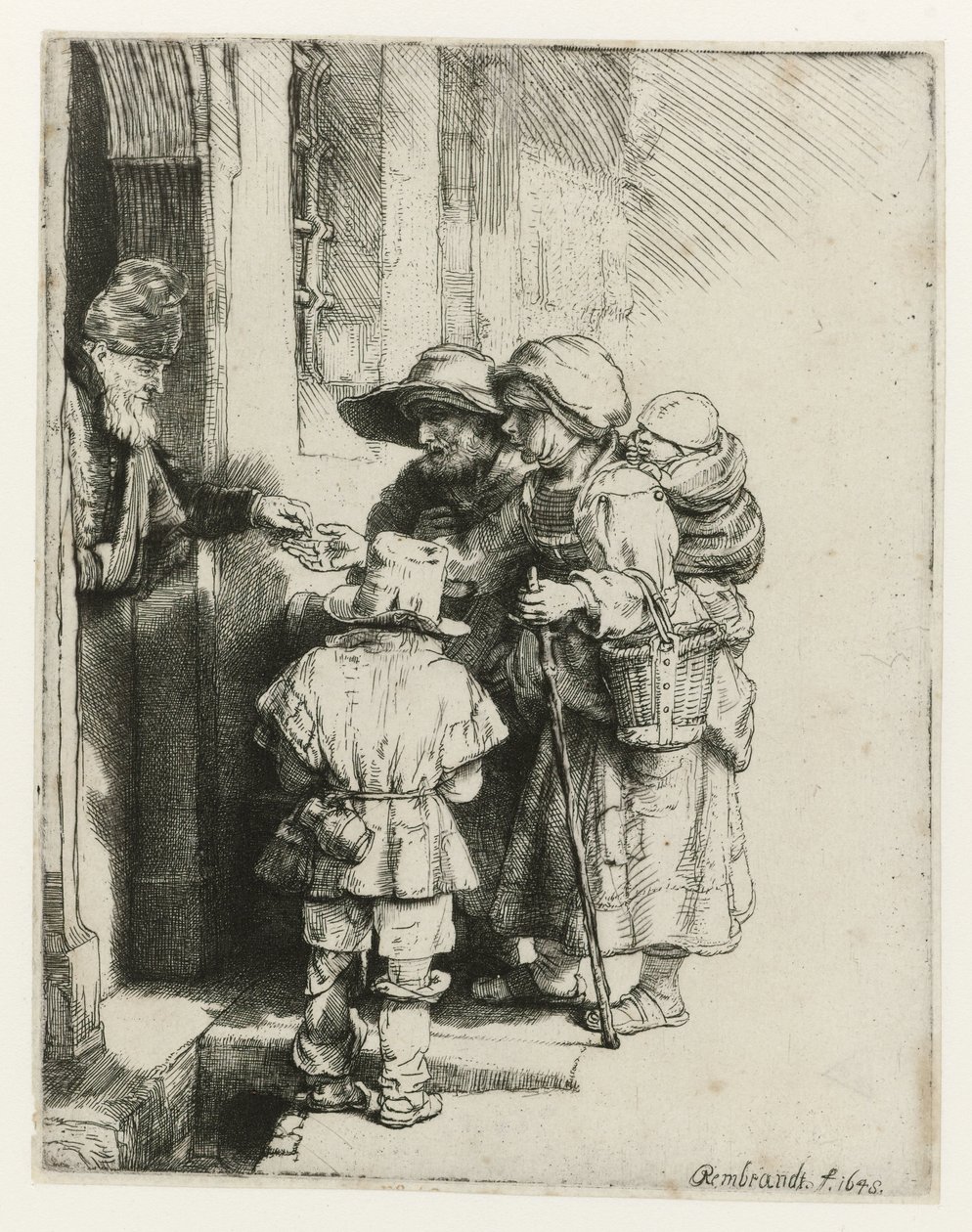 En blind gurdy-spiller og hans familie En blind gurdle-spiller og familie, der modtager almisser af Rembrandt van Rijn
