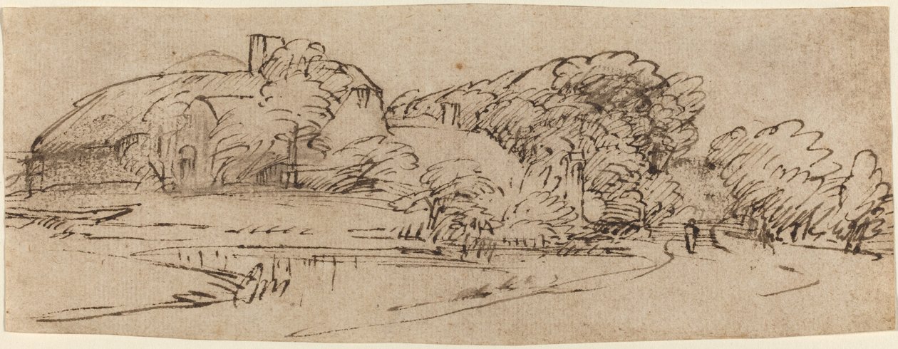 Et landskab med landbrugsbygninger blandt træer af Rembrandt van Rijn