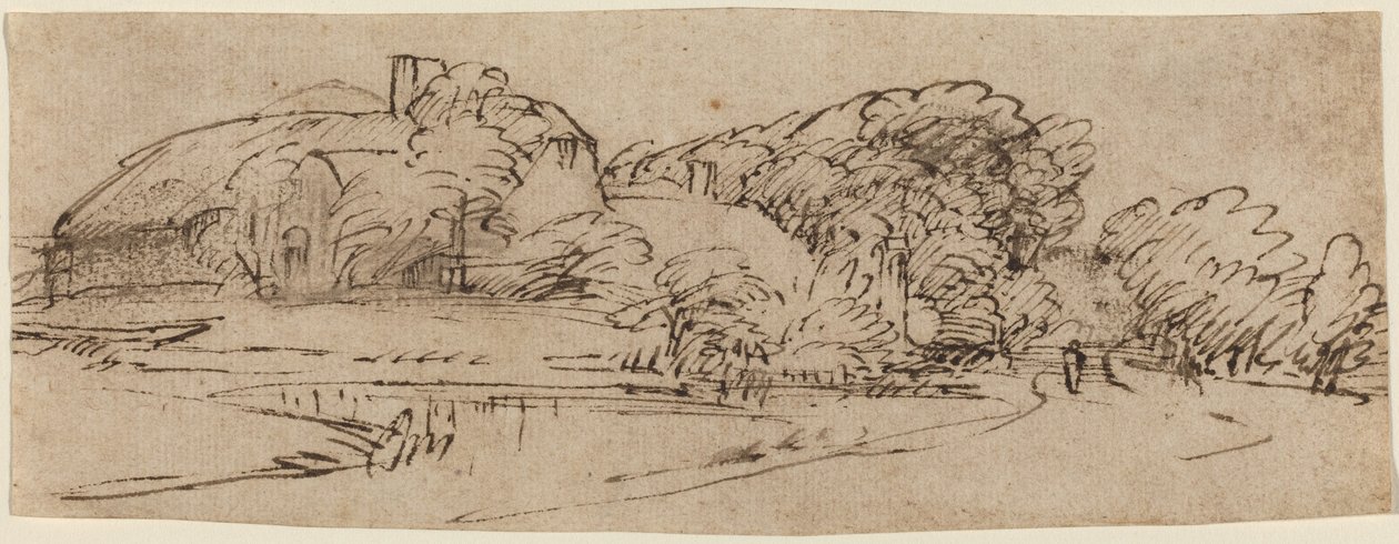 Et landskab med landbrugsbygninger blandt træer af Rembrandt van Rijn