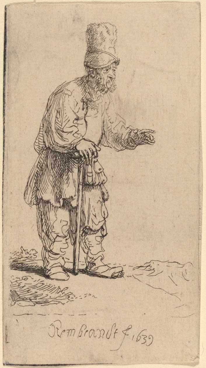 En bonde i høj kasket, stående lænet på en pind af Rembrandt van Rijn
