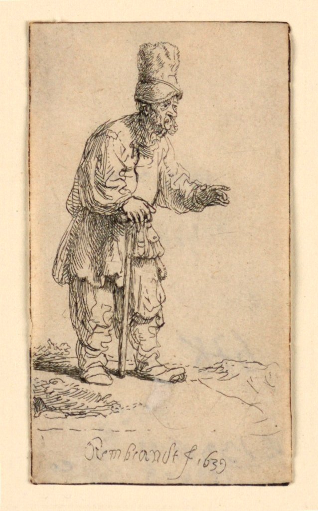 En bonde i høj kasket, stående lænet på en pind af Rembrandt van Rijn