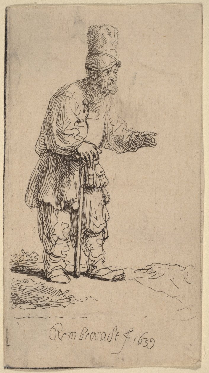 En bonde med høj hue, der står og læner sig op ad en stok af Rembrandt van Rijn