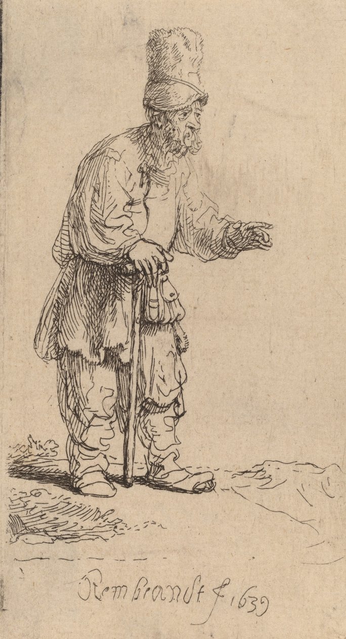 En bonde i høj kasket, stående lænet på en pind, 1639. af Rembrandt van Rijn