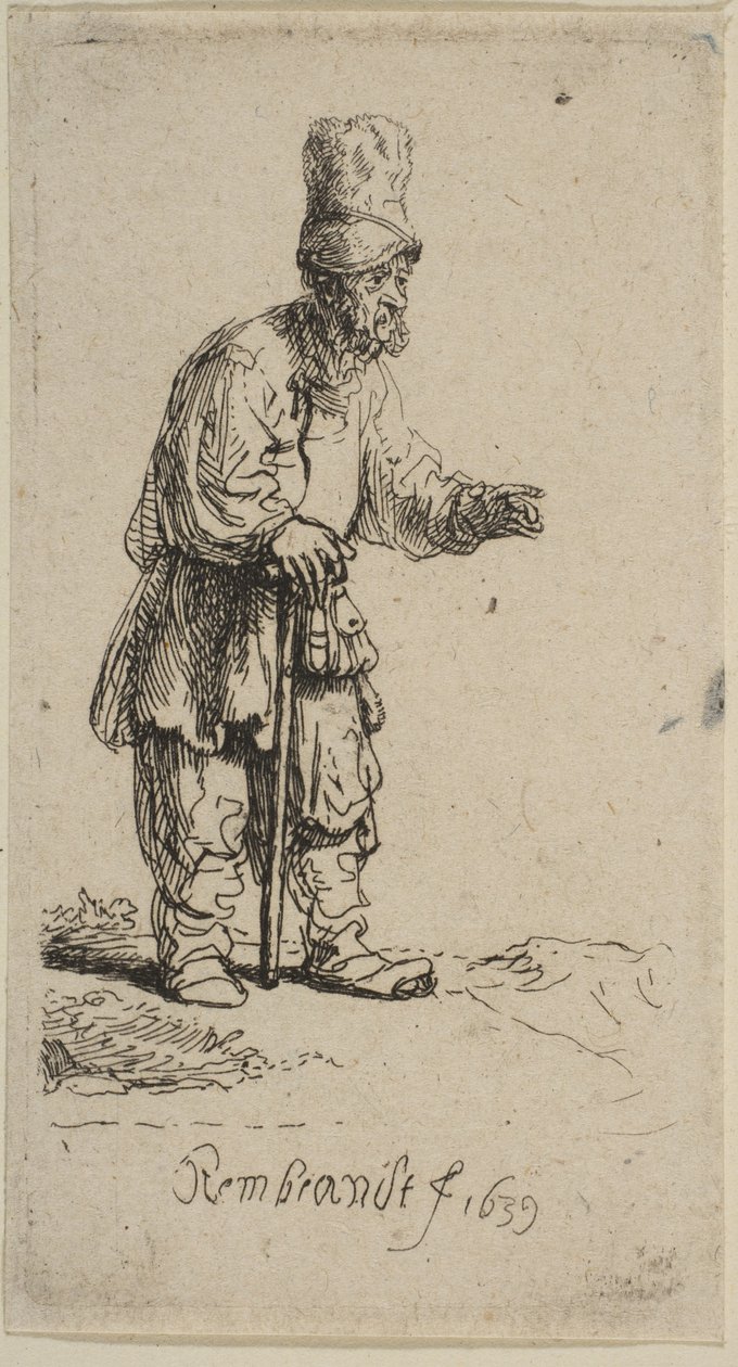 En bonde i høj kasket, stående lænet på en pind, 1639. af Rembrandt van Rijn