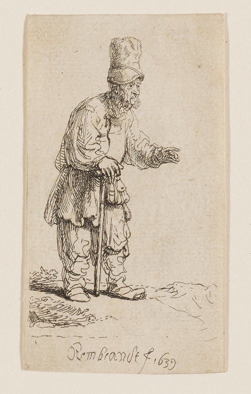 En bonde med høj hue, stående og lænende sig mod en stok af Rembrandt van Rijn