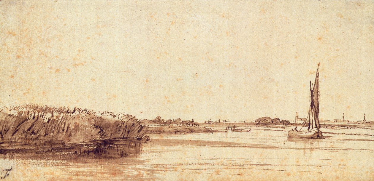En flod med en sejlbåd på Nieuwe Meer af Rembrandt van Rijn