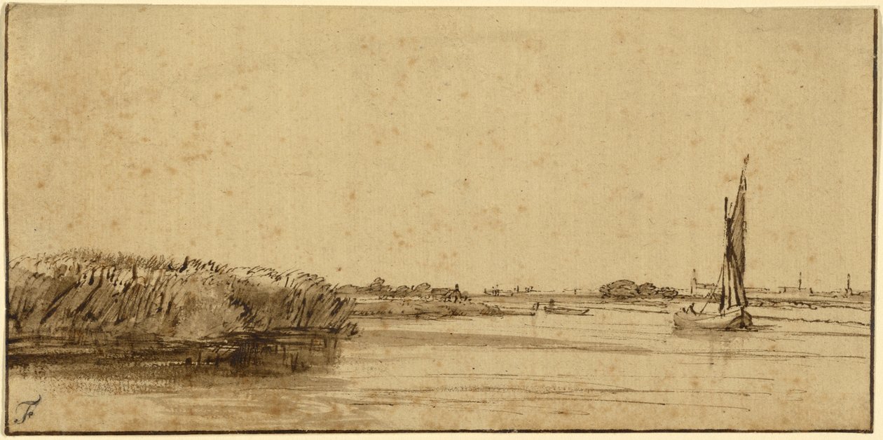 A Sailing Boat on a Wide Expanse of Water, ca. 1650 (pen og brunt blæk og brun vask, på tonet papir) af Rembrandt van Rijn