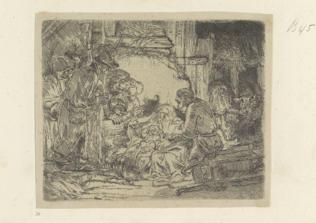 Aanbidding der herders: met de olielamp Samling af 85 originale tryk (serietitel) af Rembrandt van Rijn