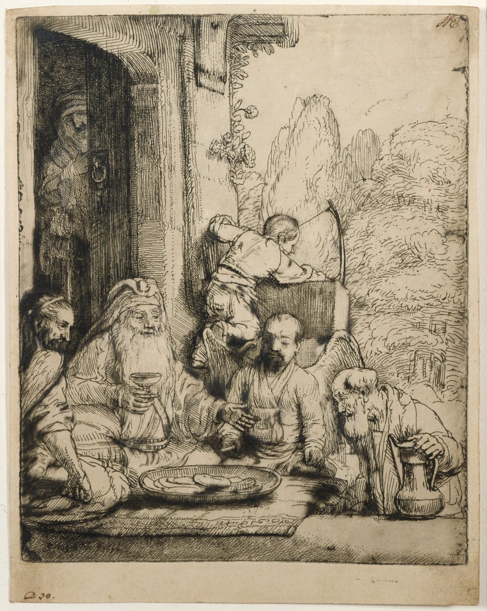 Abraham underholder englene af Rembrandt van Rijn