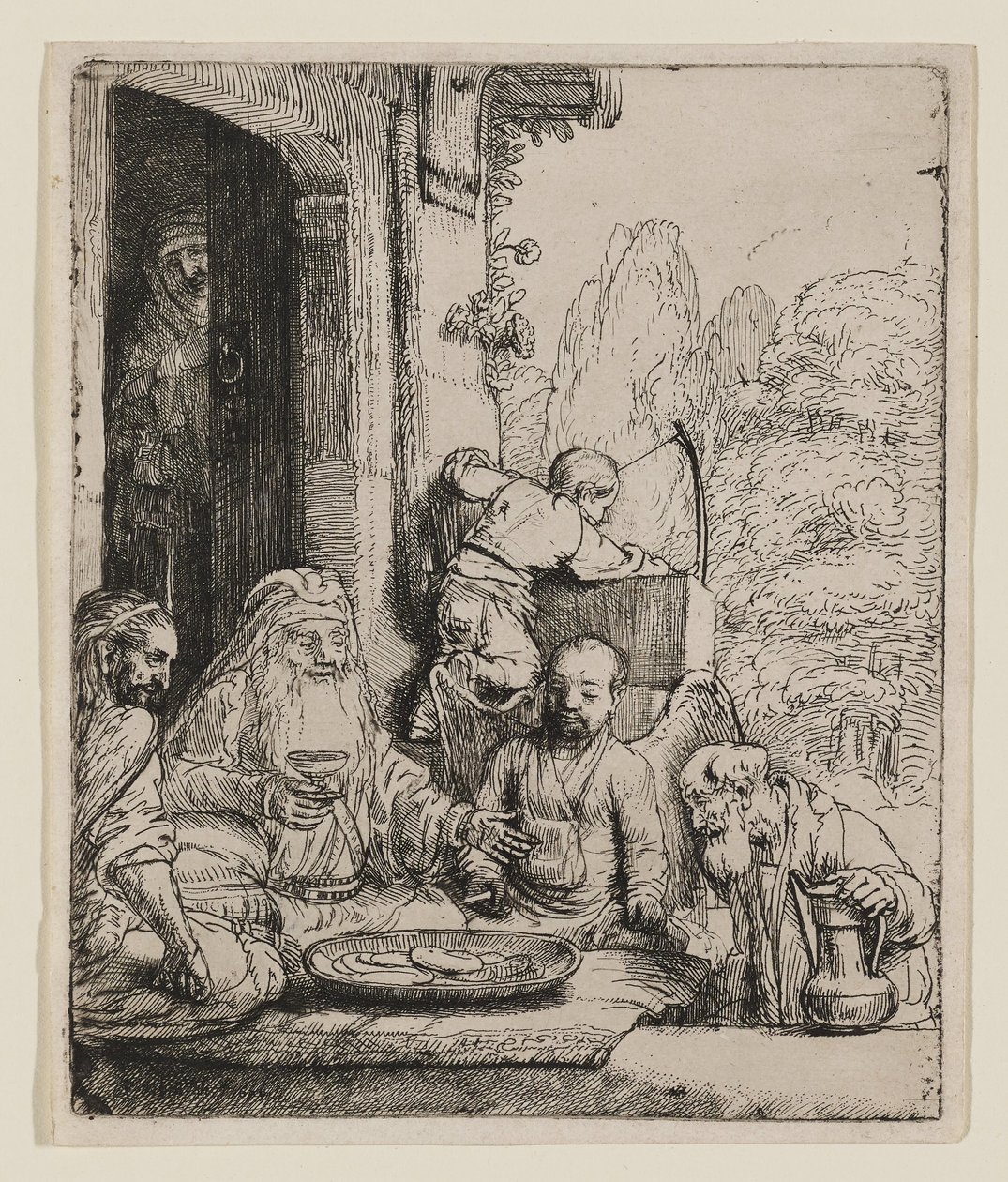 Abraham underholder englene af Rembrandt van Rijn