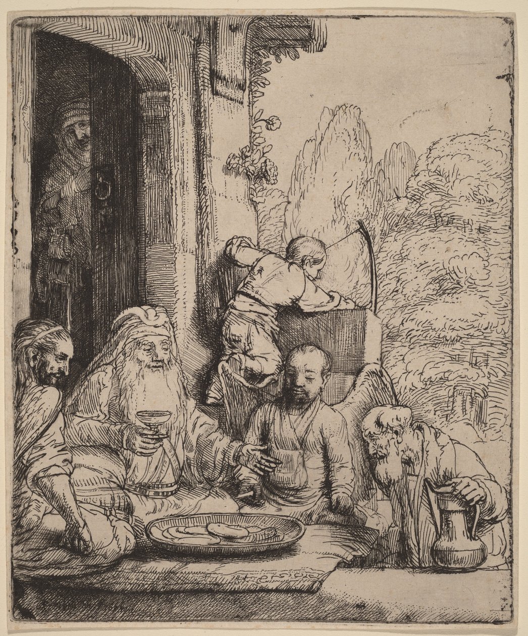 Abraham underholder englene af Rembrandt van Rijn