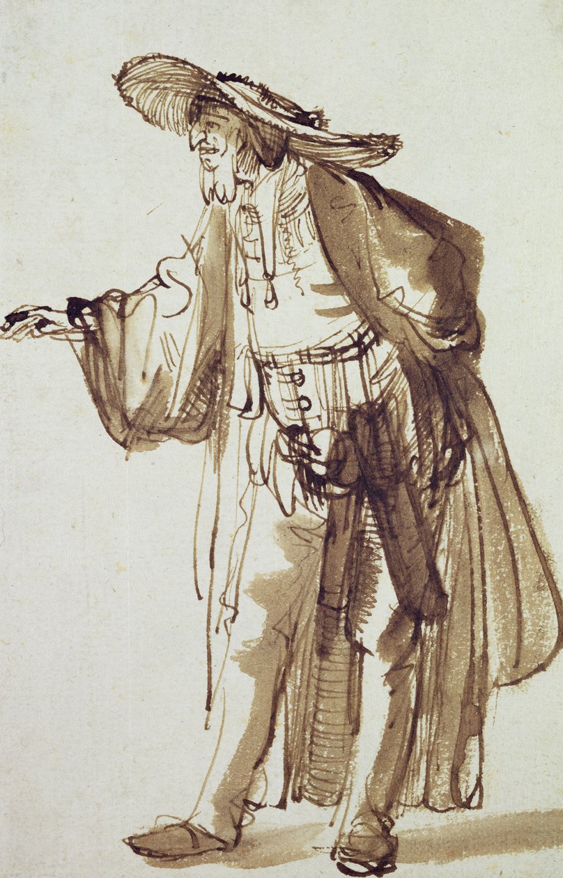Skuespiller med bredskygget hat (pen og blækvask på papir) af Rembrandt van Rijn