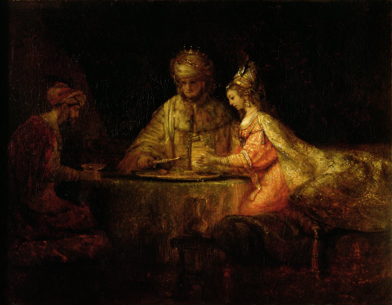 Ahasverus (Xerxes), Haman og Ester, ca. 1660 af Rembrandt van Rijn