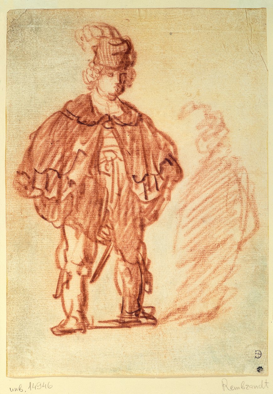 En skuespiller stående (sangvinsk) af Rembrandt van Rijn