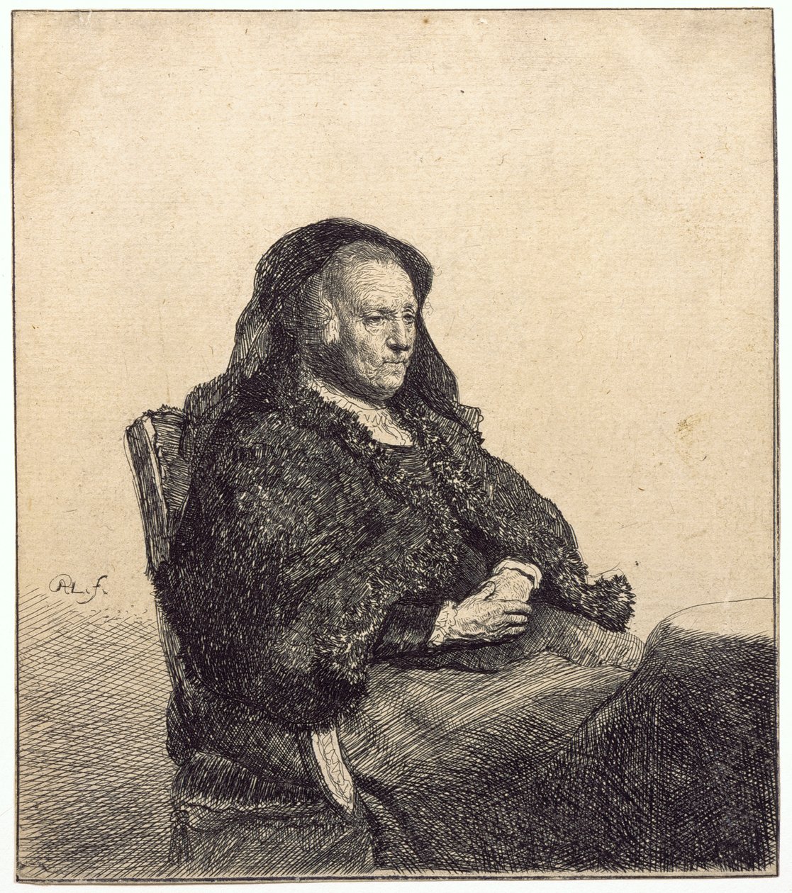 En ældre kvinde (Rembrandts mor, siddende ved et bord) af Rembrandt van Rijn