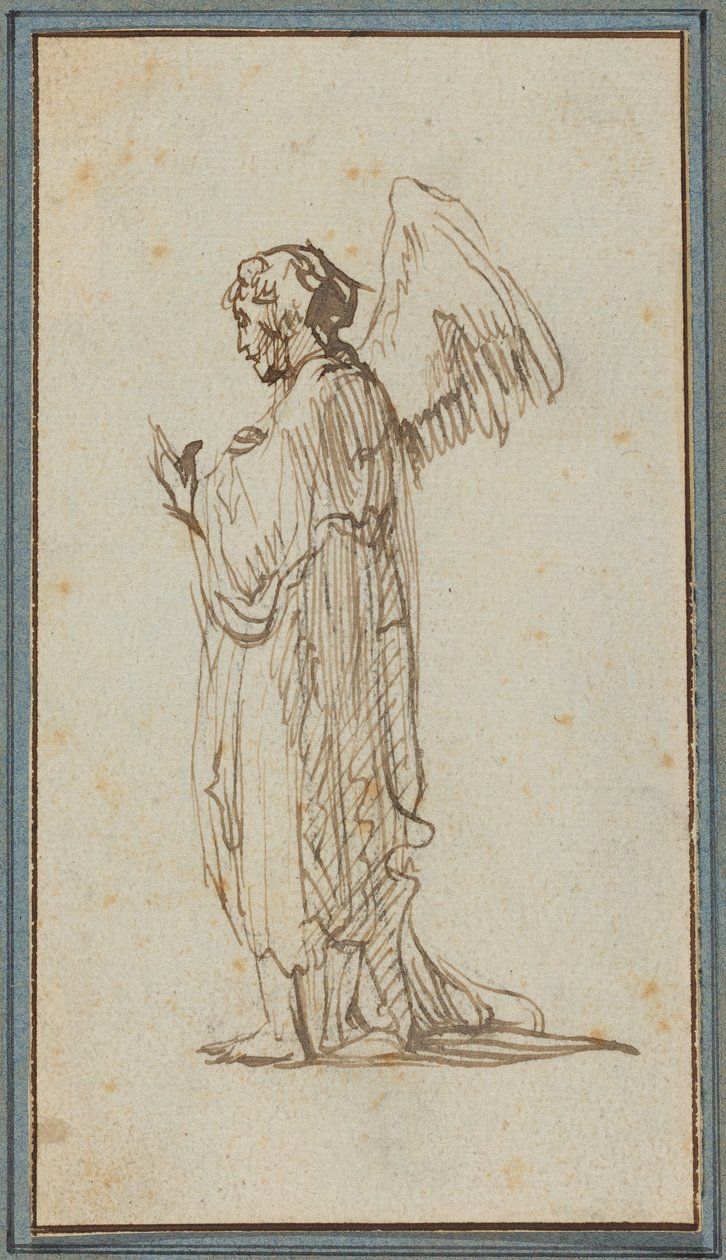 Angel Standing (pen og brunt blæk over spor af trækul på filtpapir) af Rembrandt van Rijn
