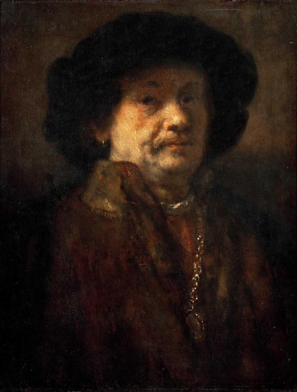 Selvportræt i pelsfrakke med guldkæde og ørering, af Rembrandt van Rhijn (1606-1669). olie på træ af Rembrandt van Rijn