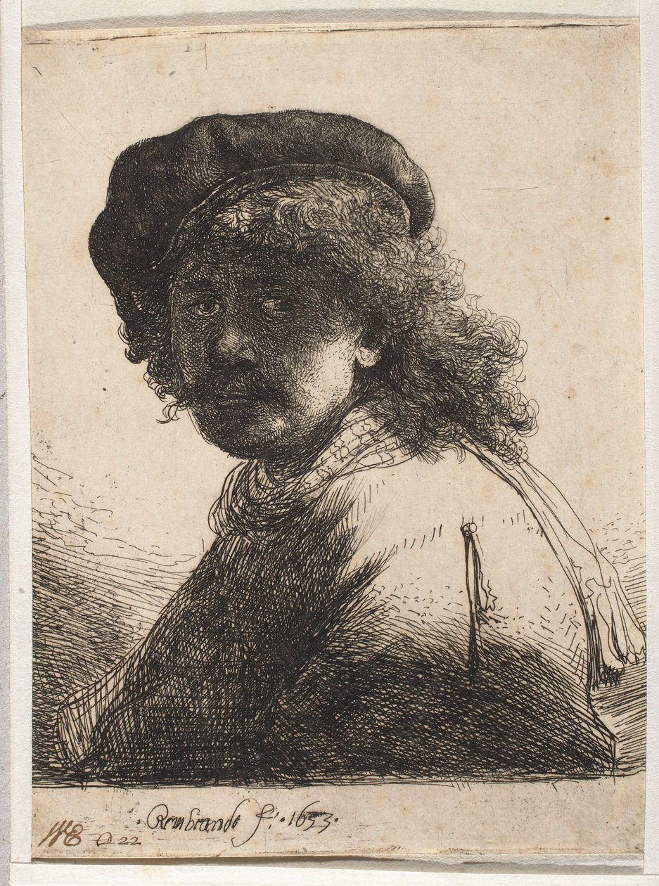 Selvportræt med beret og sjal af Rembrandt van Rijn
