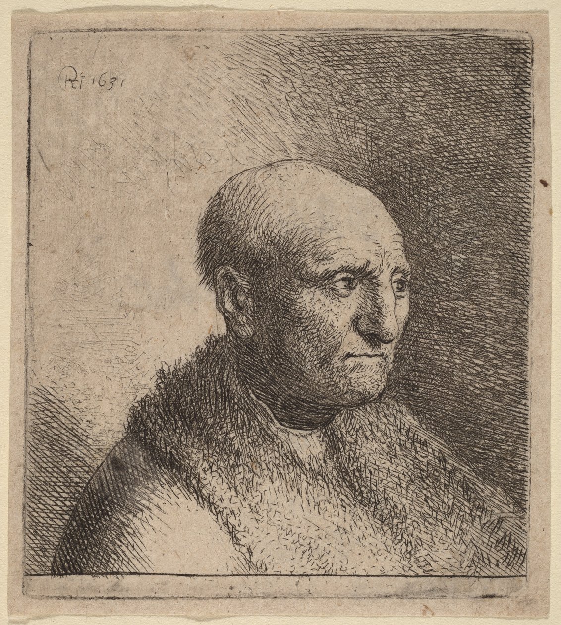 Den skaldede mand i pelsfrakke af Rembrandt van Rijn