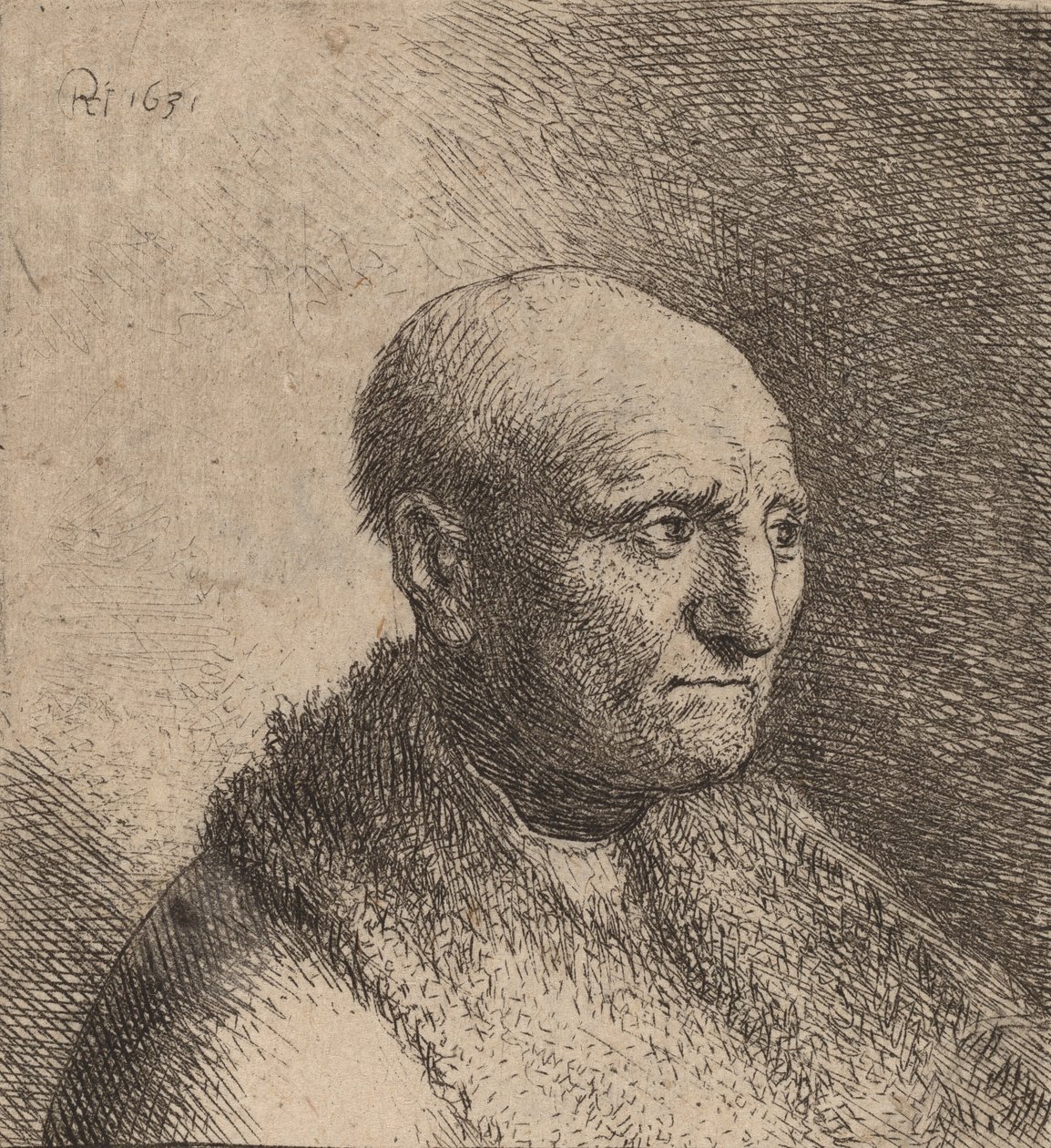 Skaldet mand i en pelskappe, ca. 1630. af Rembrandt van Rijn