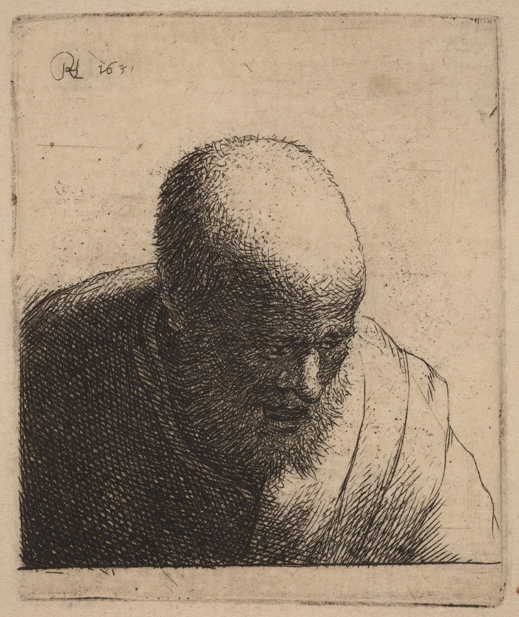 Skaldet mand med åben mund, der ser ned af Rembrandt van Rijn