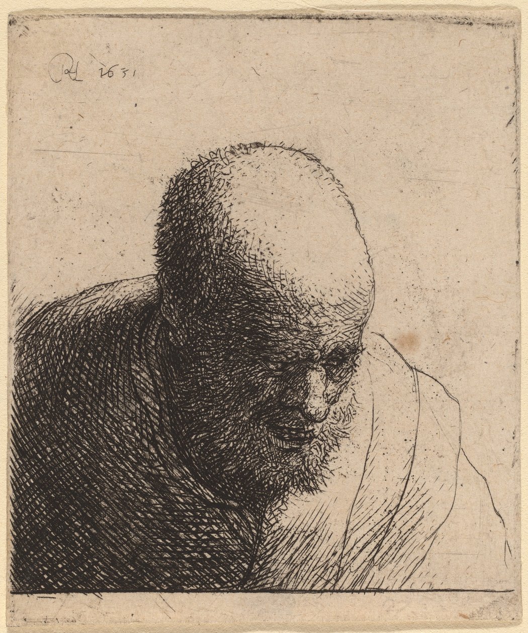 Skaldet mand med åben mund, ser ned, ca. 1630. af Rembrandt van Rijn