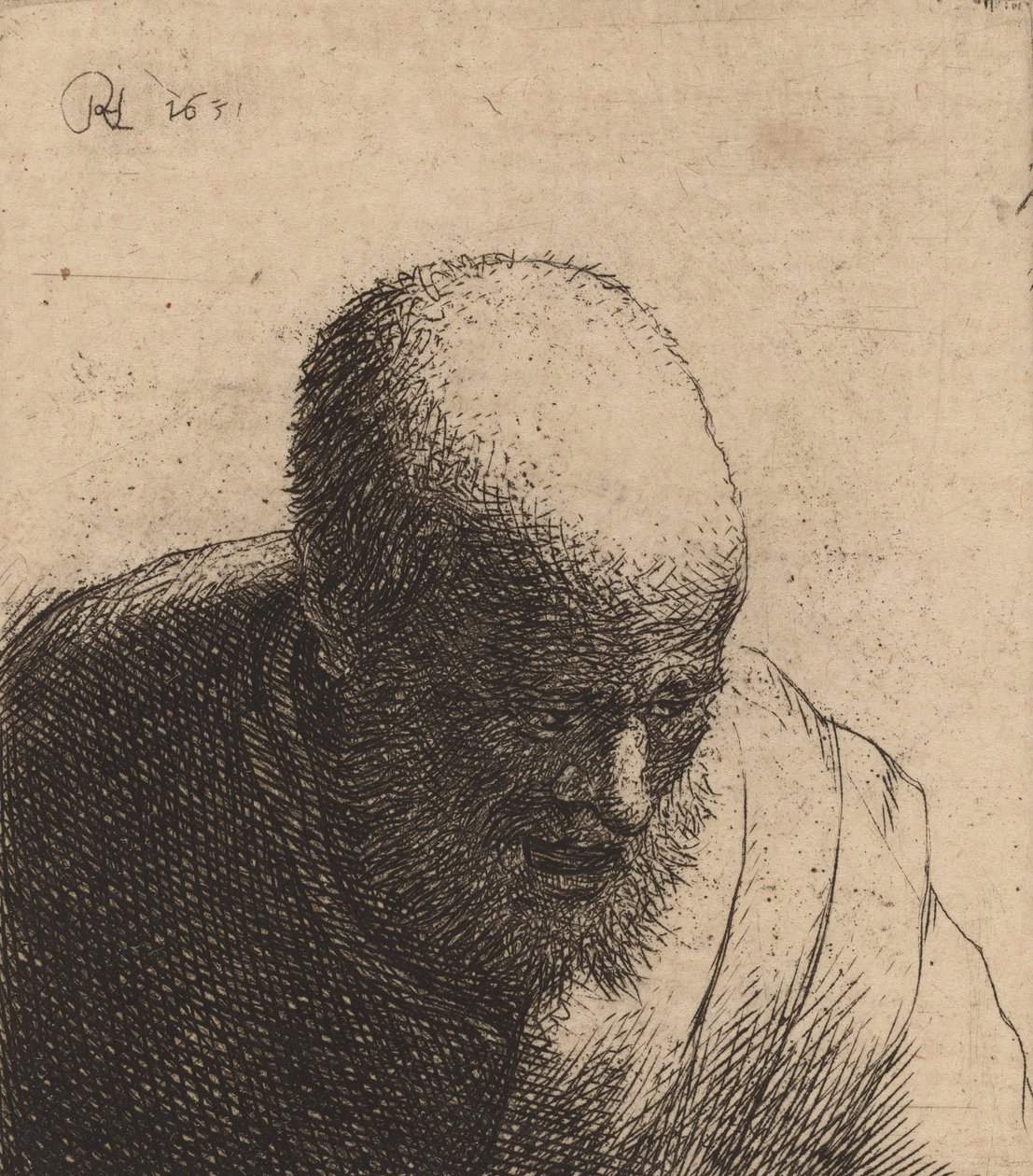 Skaldet mand med åben mund, ser ned, ca. 1630. af Rembrandt van Rijn