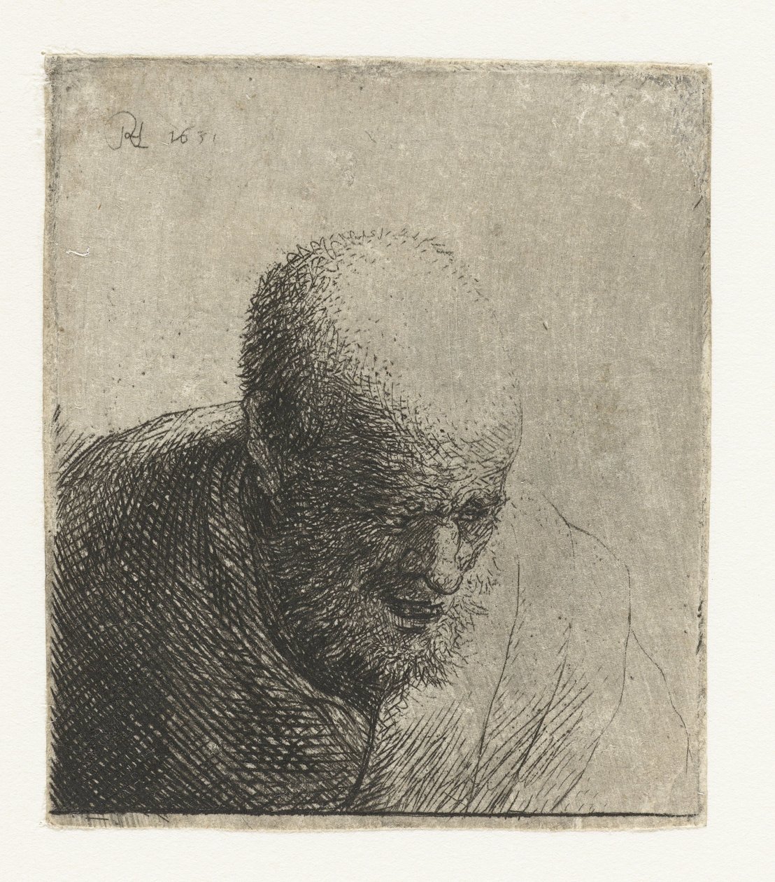 Skaldet mand med åben mund, kigger ned: buste af Rembrandt van Rijn