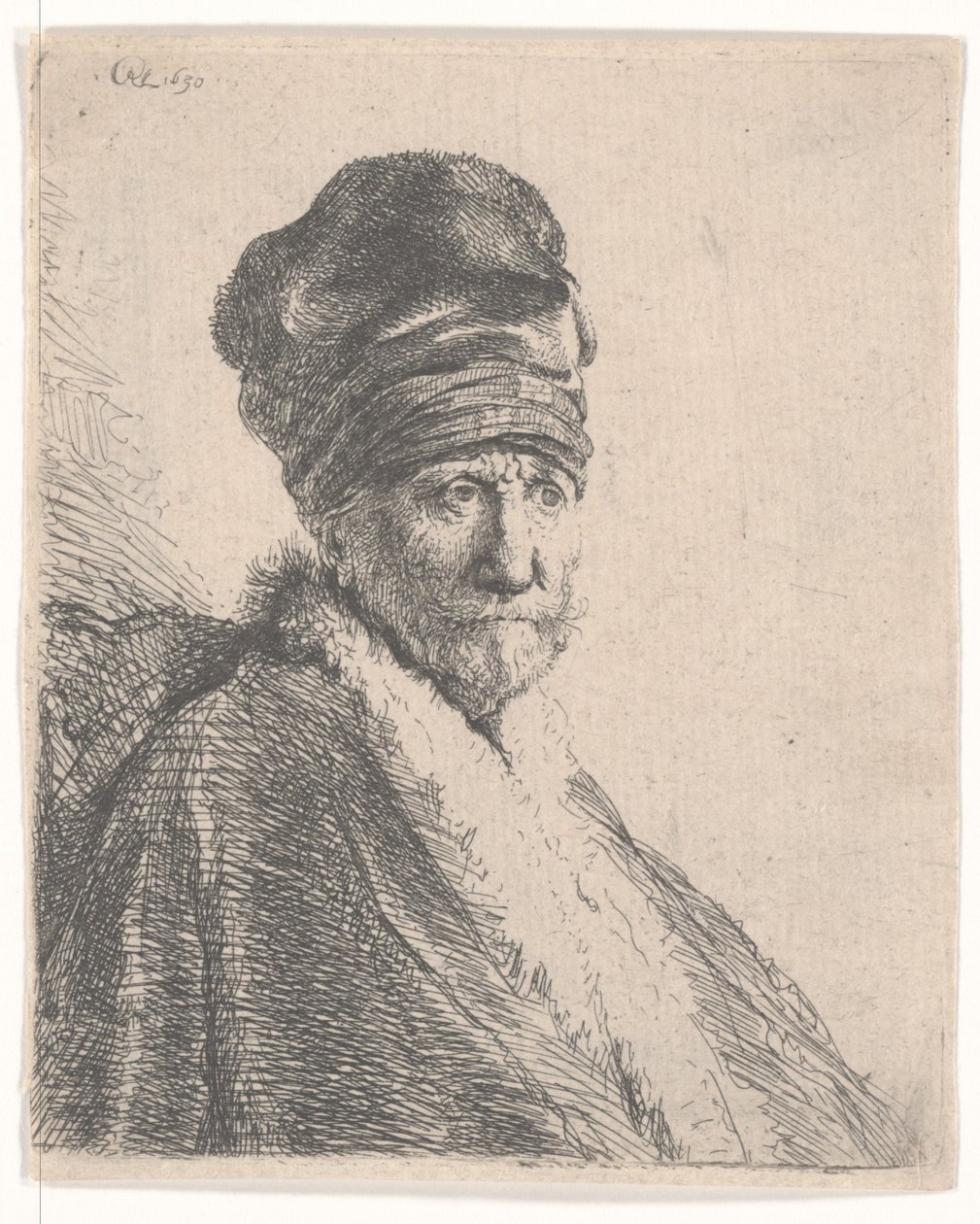 Skægget mand i en pelset orientalsk kasket og kappe, iført høj kasket, 1630 af Rembrandt van Rijn