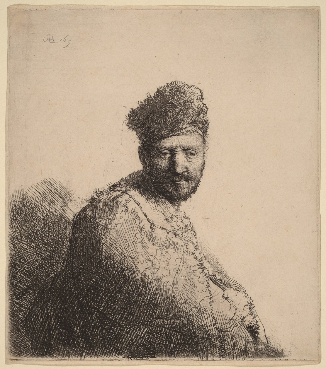 En skægget mand med en pelsforet orientalsk hue og kappe: kunstnerens far af Rembrandt van Rijn