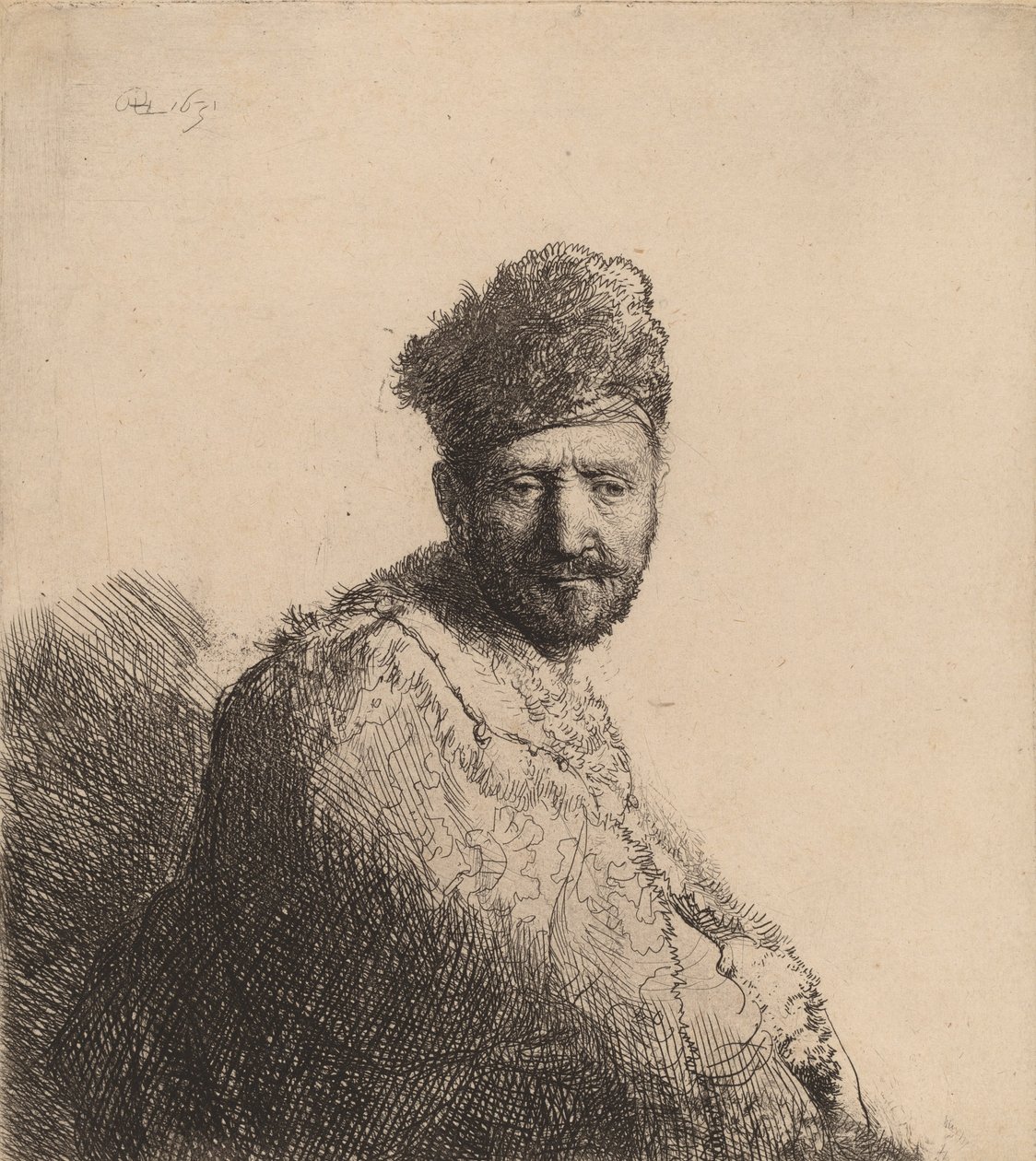 Skægget mand, i en pelset orientalsk kasket og kappe: kunstnerens far, 1631. af Rembrandt van Rijn