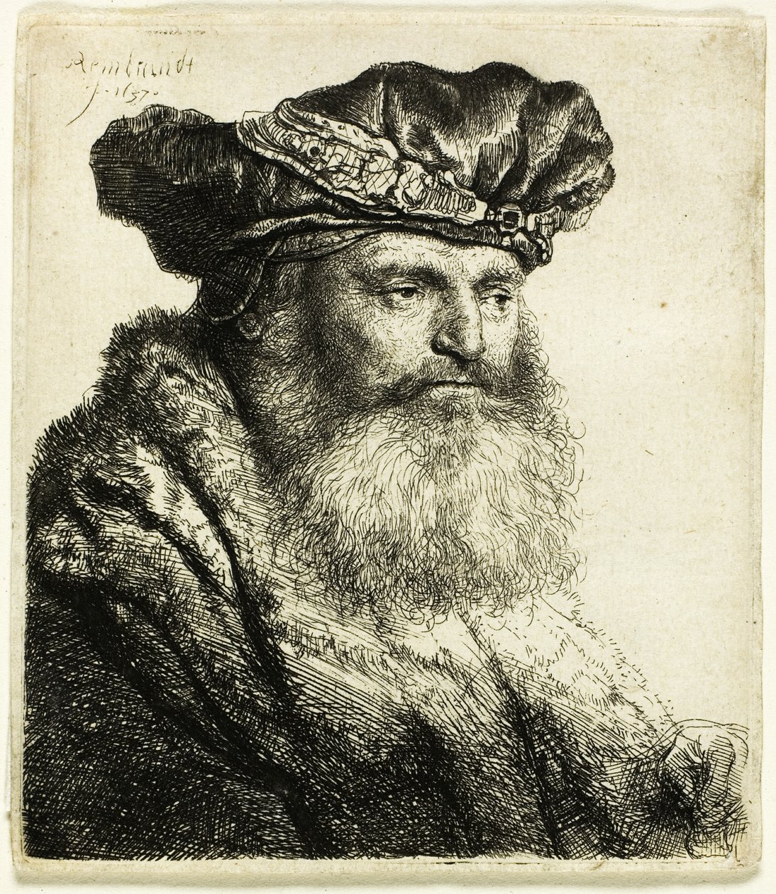 Skægget mand i fløjlskasket med juvellås af Rembrandt van Rijn