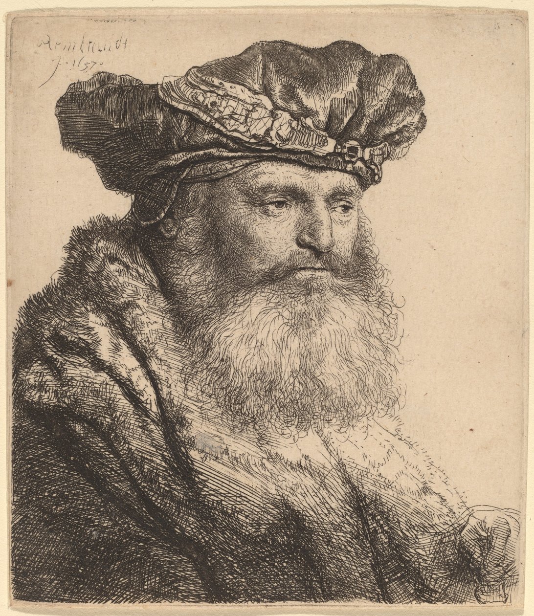 Skægget mand i fløjlskasket med juvellås af Rembrandt van Rijn