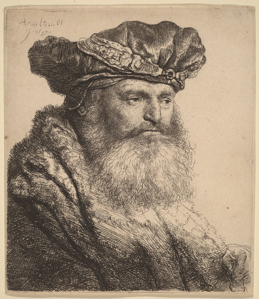 Skægget mand i en fløjlshue med en smykkespænde af Rembrandt van Rijn