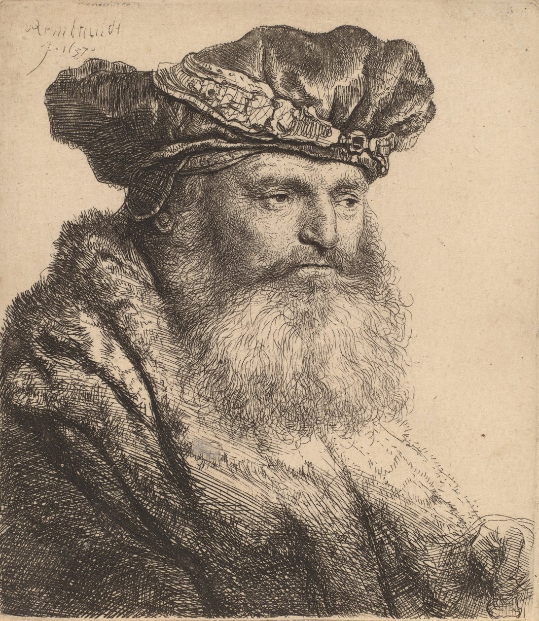 Skægget mand i fløjlskasket med juvellås, 1637 af Rembrandt van Rijn